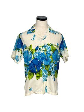 Shoreline Hawaii Mens Floral Hawaiian Shirt Blue Hibiscus Print Button-Up M 70's